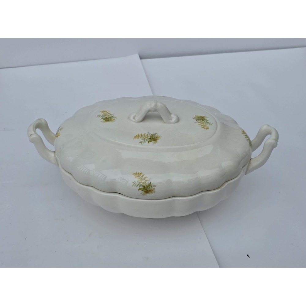 Vintage Unmarked Soup Tureen Yellow Flowers Lid White Pottery Victorian 11in